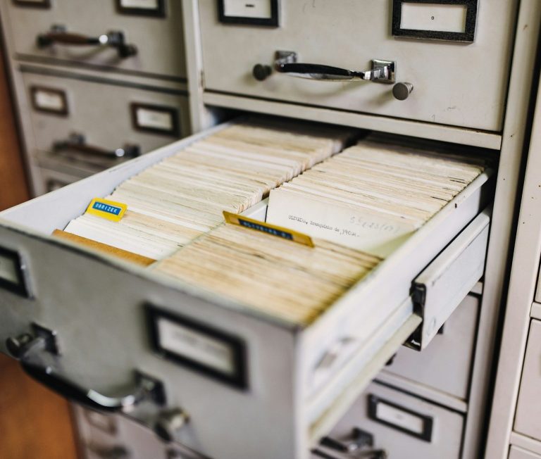 Offener Aktenschrank mit mehreren Schubladen voller beschrifteter Karteikarten.