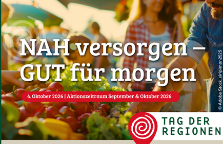 Tag der Regionen Marktplatz mit frischem Obst und Gemüse, Werbung für den Tag der Regionen.