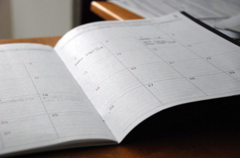 Ein aufgeschlagener Planer mit Monatskalender und Notizen.