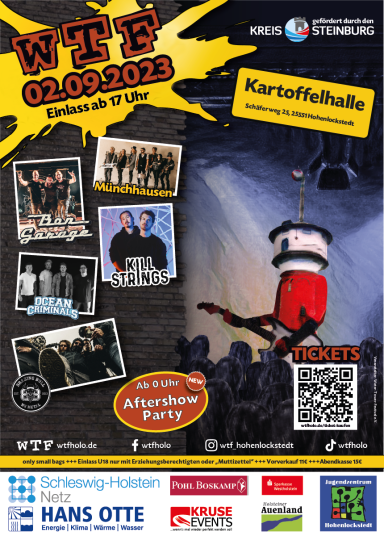 Plakat für das WTF-Event am 02.09.2023 mit Informationen zu Bands, Ticketverkauf und Location.