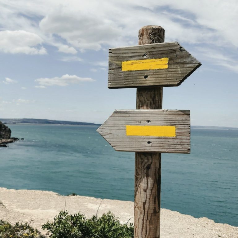 Holzwegweiser mit zwei Pfeilen, der zur Küste und zum Meer zeigt.